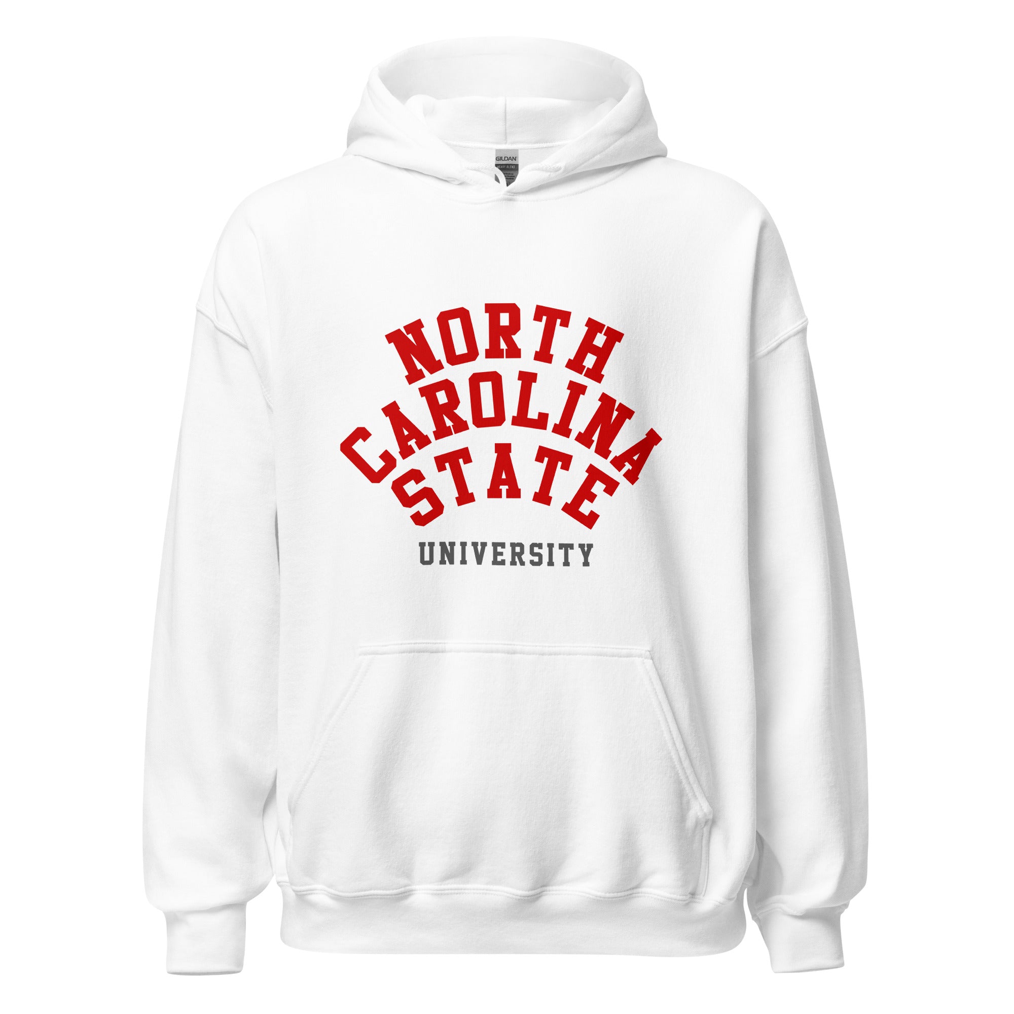 Unisex heather gray hoodie featuring North Carolina State University logo printed across the front chest