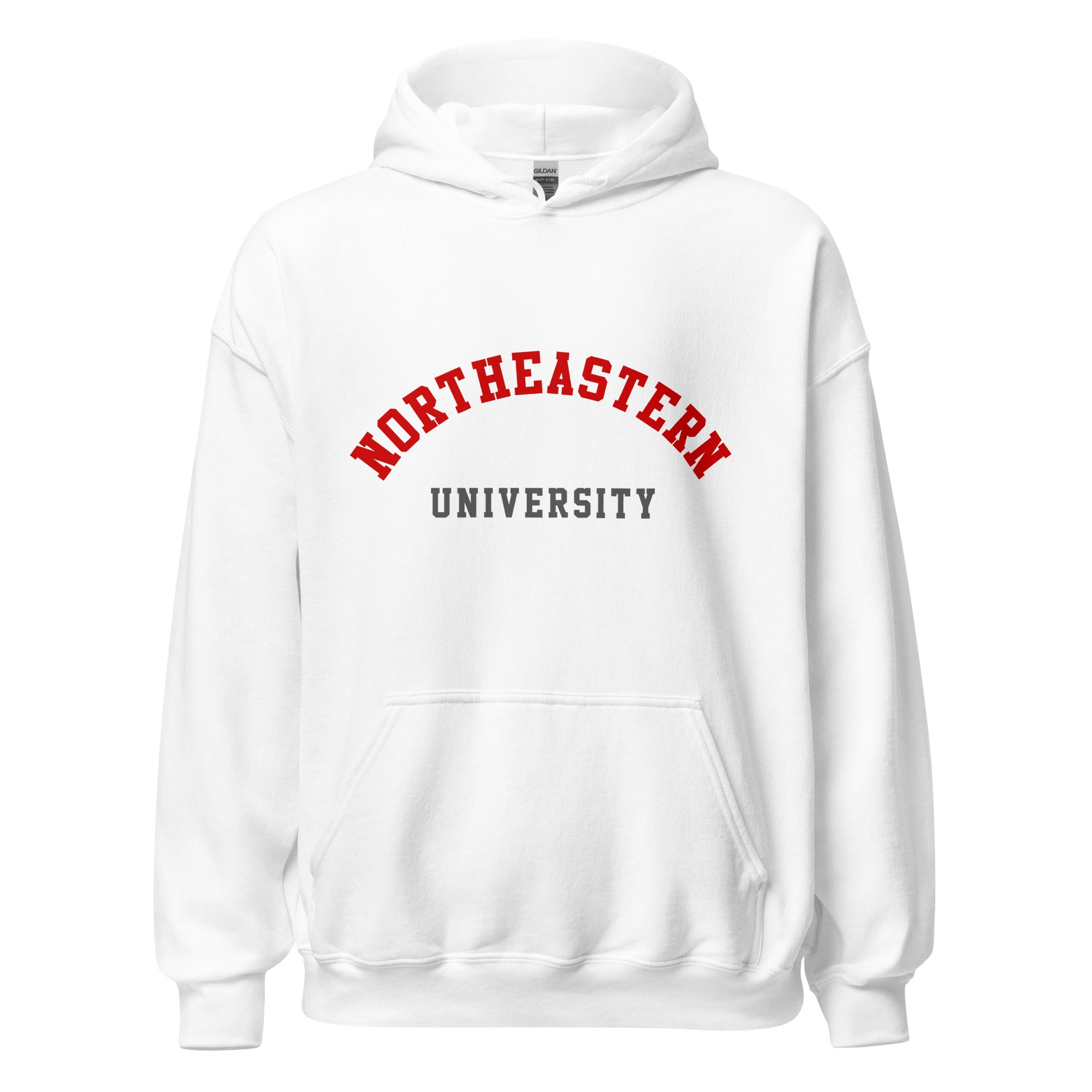 Unisex heather gray hoodie featuring Northeastern University logo printed across the front chest