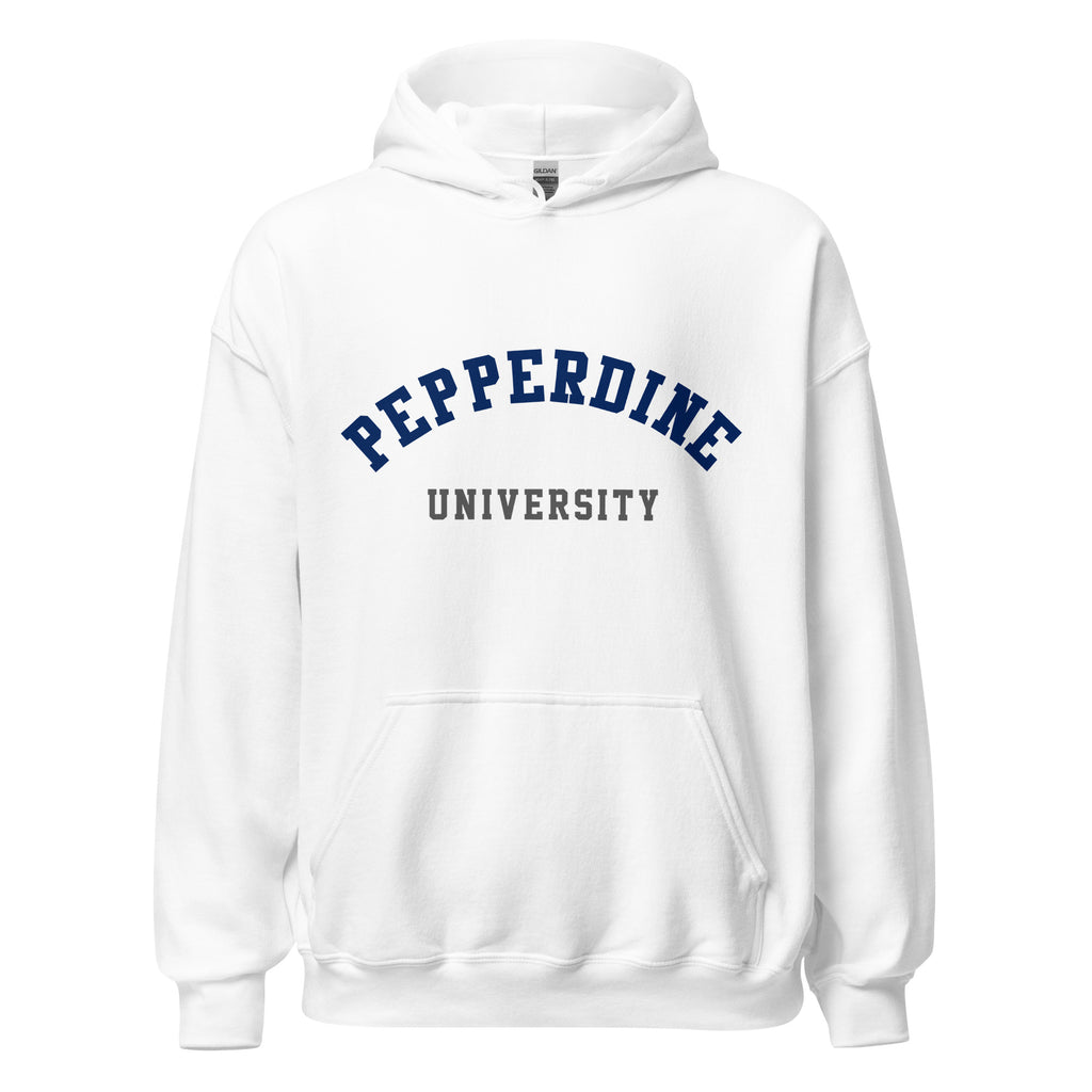 Unisex heather gray hoodie featuring Pepperdine University logo printed across the front chest