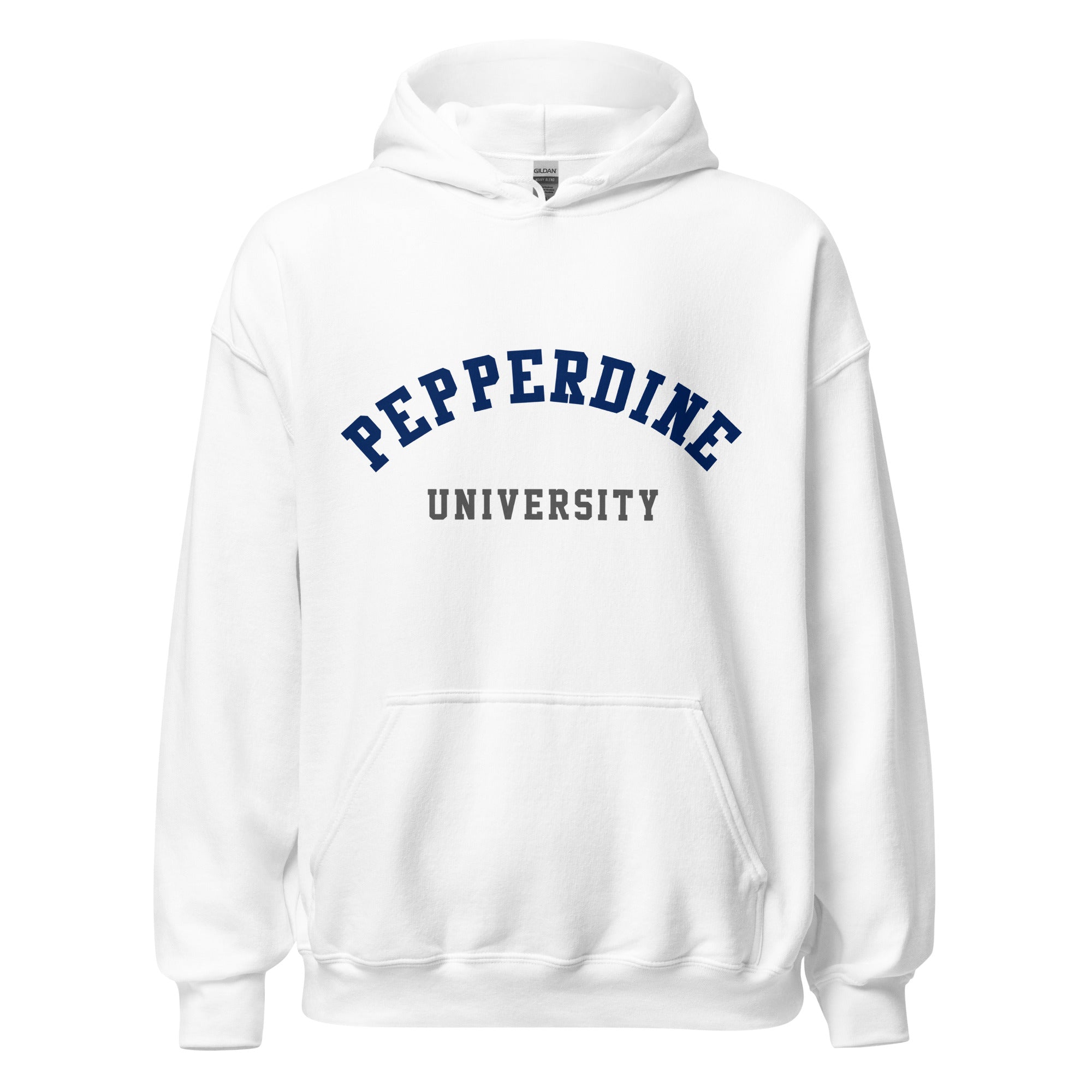 Unisex heather gray hoodie featuring Pepperdine University logo printed across the front chest