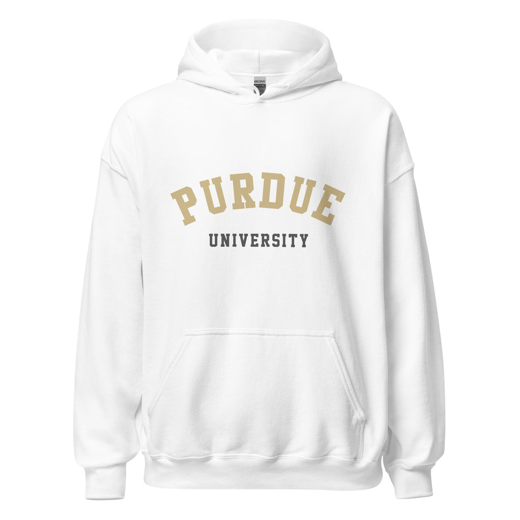 Unisex black hoodie featuring Purdue University logo printed across the front chest