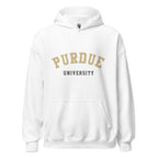Unisex black hoodie featuring Purdue University logo printed across the front chest