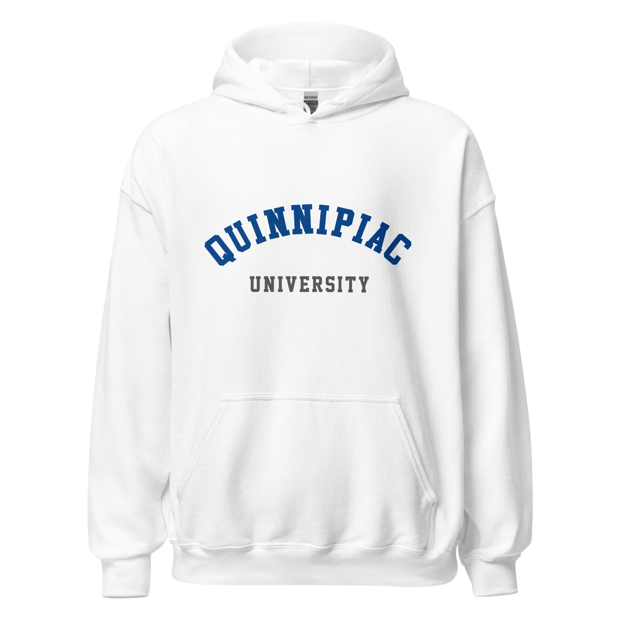 Unisex heather gray hoodie featuring Quinnipiac University logo printed across the front chest