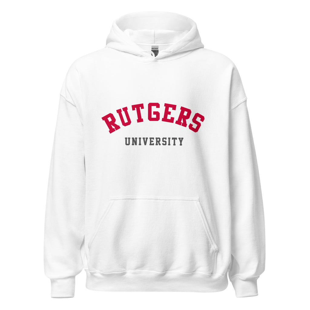 Unisex heather gray hoodie featuring Rutgers University logo printed across the front chest