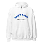 Unisex heather gray hoodie featuring Saint Louis University logo printed across the front chest
