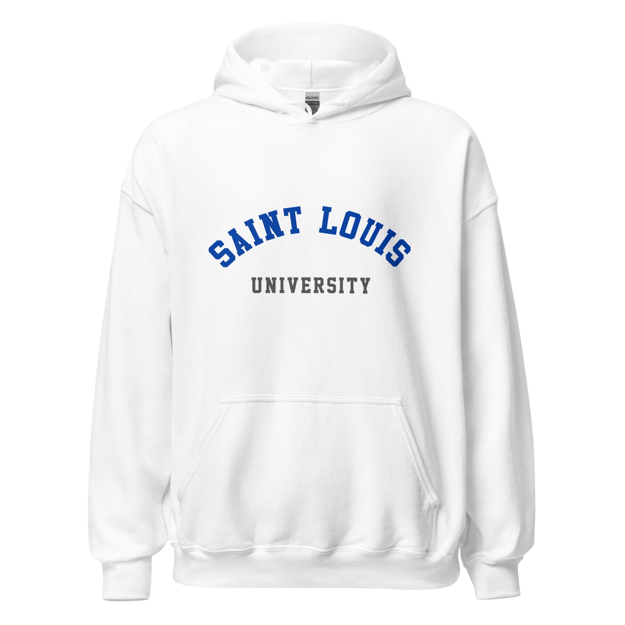 Unisex heather gray hoodie featuring Saint Louis University logo printed across the front chest