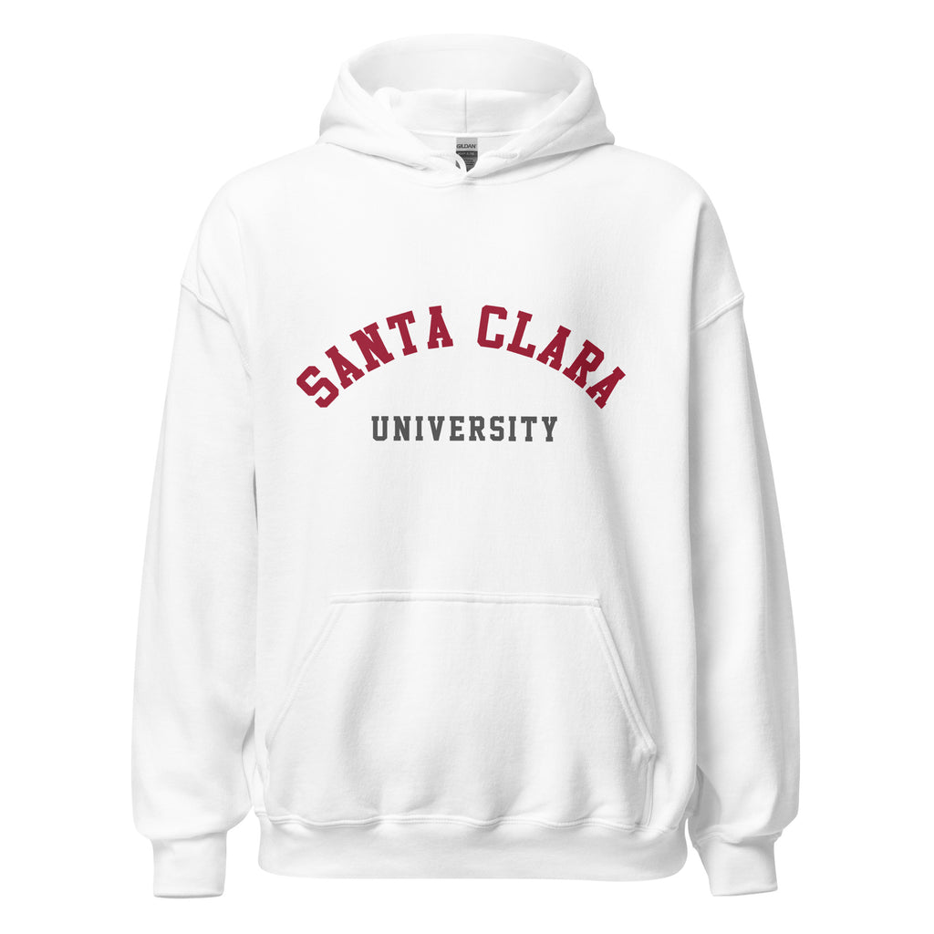 Unisex heather gray hoodie featuring Santa Clara University logo printed across the front chest