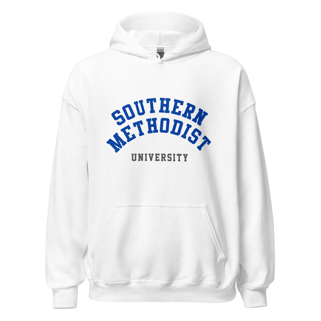 Unisex heather gray hoodie featuring Southern Methodist University logo printed across the front chest