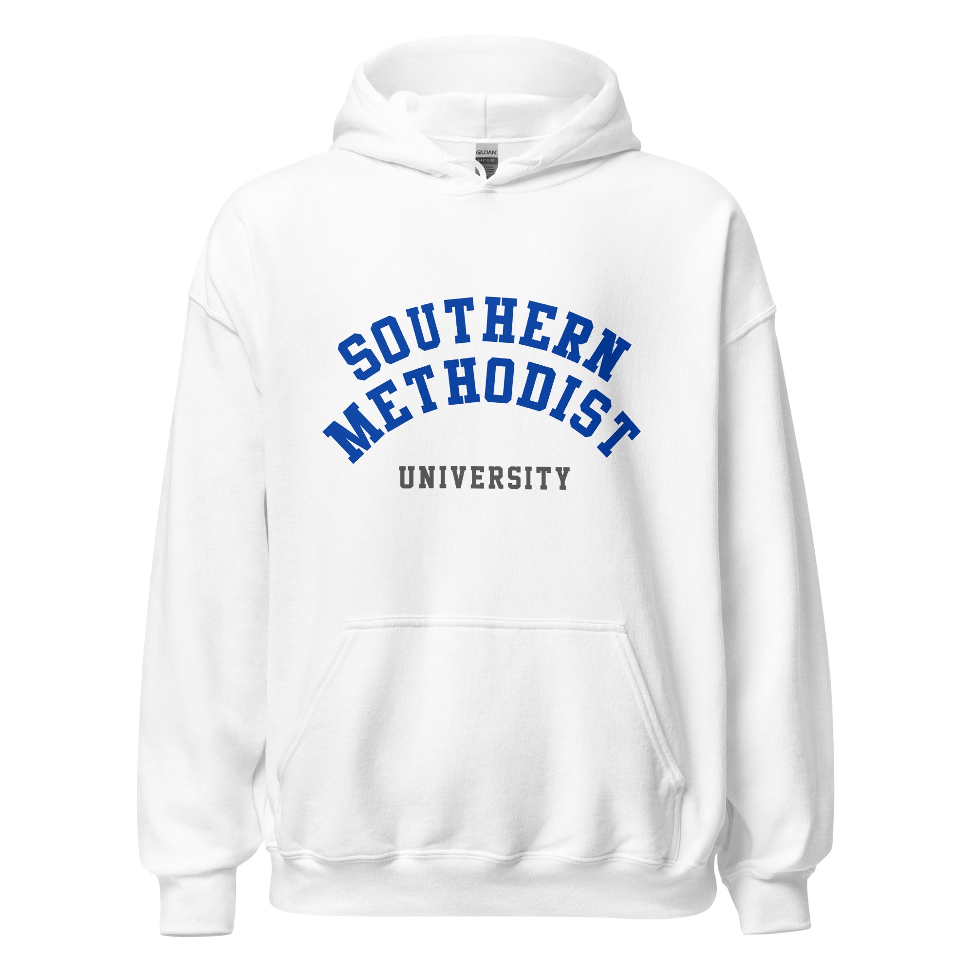 Unisex heather gray hoodie featuring Southern Methodist University logo printed across the front chest
