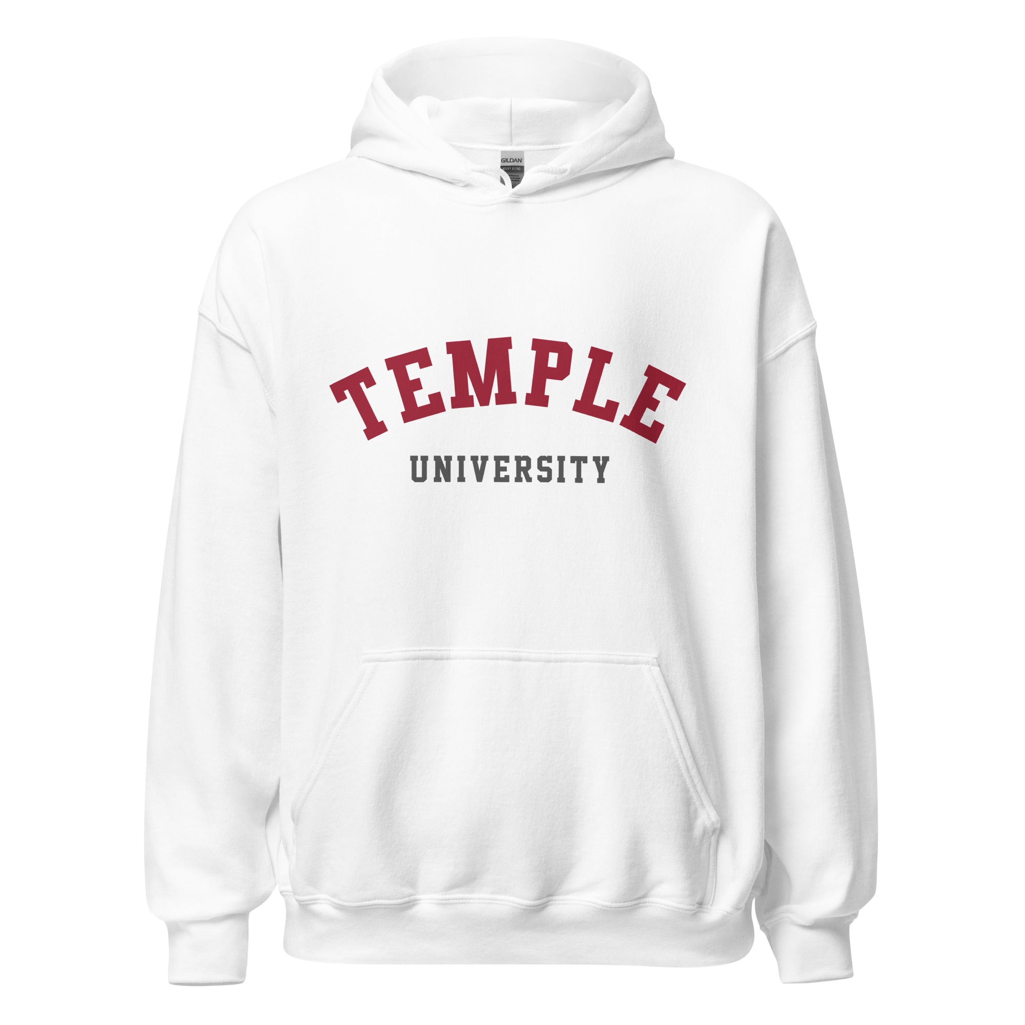 Unisex heather gray hoodie featuring Temple University logo printed across the front chest