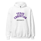Unisex heather gray hoodie featuring Texas Christian University logo printed across the front chest