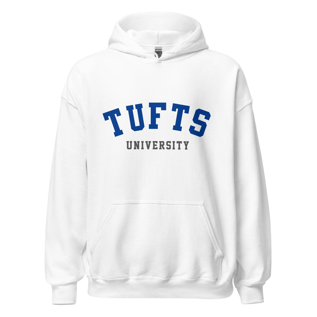 Unisex heather gray hoodie featuring Tufts University logo printed across the front chest