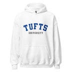 Unisex heather gray hoodie featuring Tufts University logo printed across the front chest