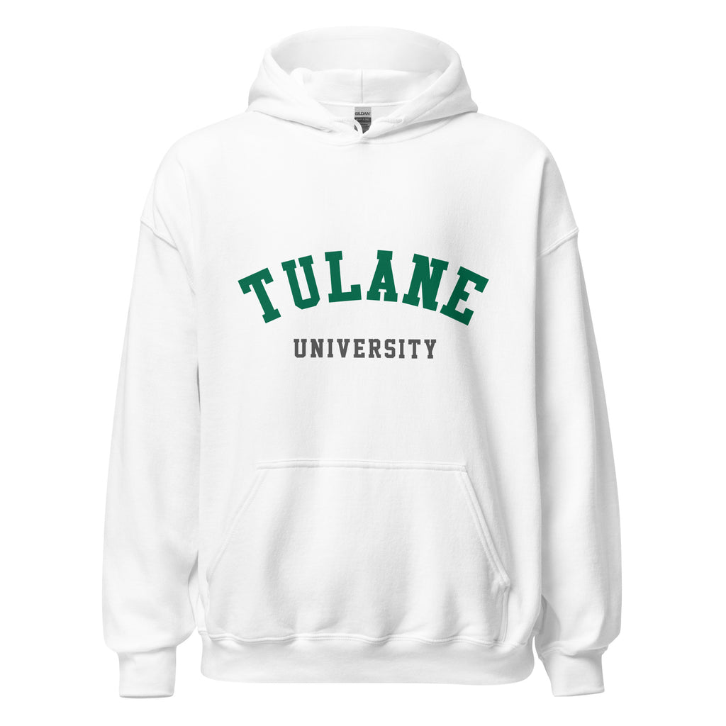 Unisex heather gray hoodie featuring Tulane University logo printed across the front chest