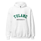 Unisex heather gray hoodie featuring Tulane University logo printed across the front chest
