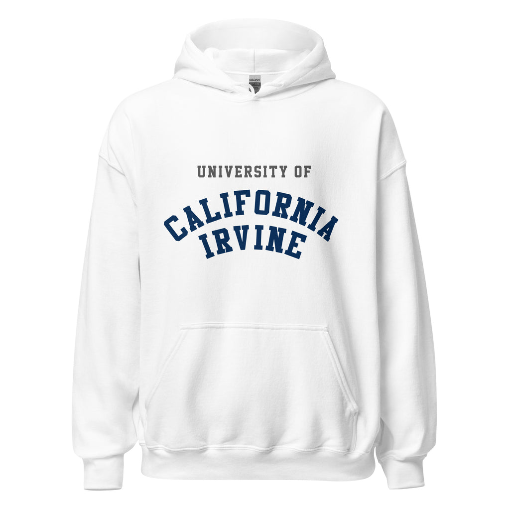 Unisex heather gray hoodie featuring UC Irvine logo printed across the front chest