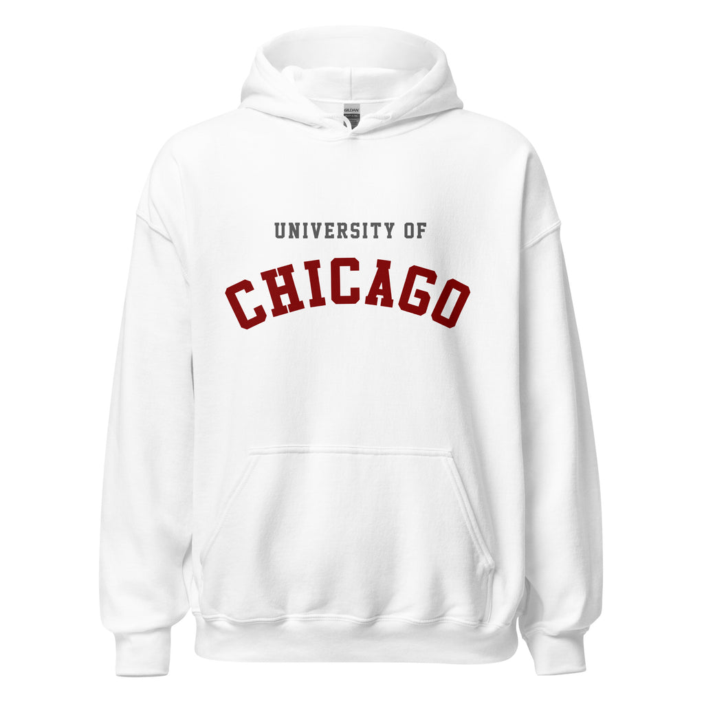 Unisex heather gray hoodie featuring University of Chicago logo printed across the front chest