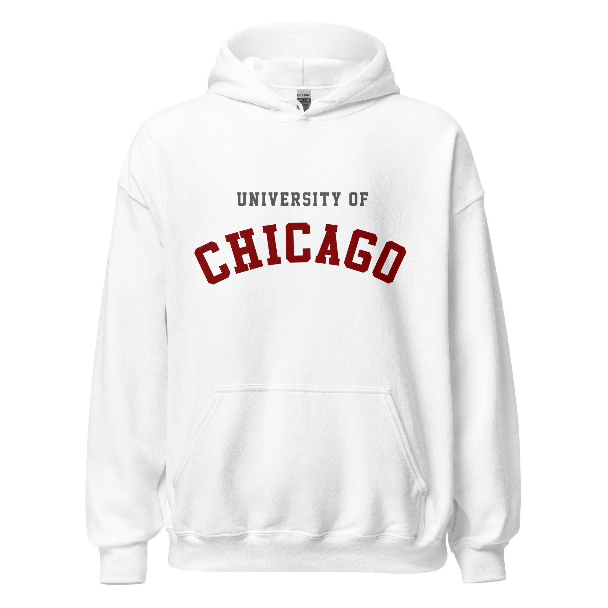 Unisex heather gray hoodie featuring University of Chicago logo printed across the front chest