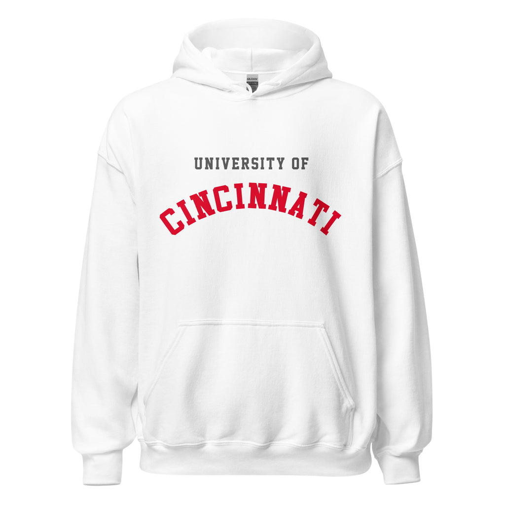 Unisex heather gray hoodie featuring University of Cincinnati logo printed across the front chest