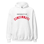 Unisex heather gray hoodie featuring University of Cincinnati logo printed across the front chest