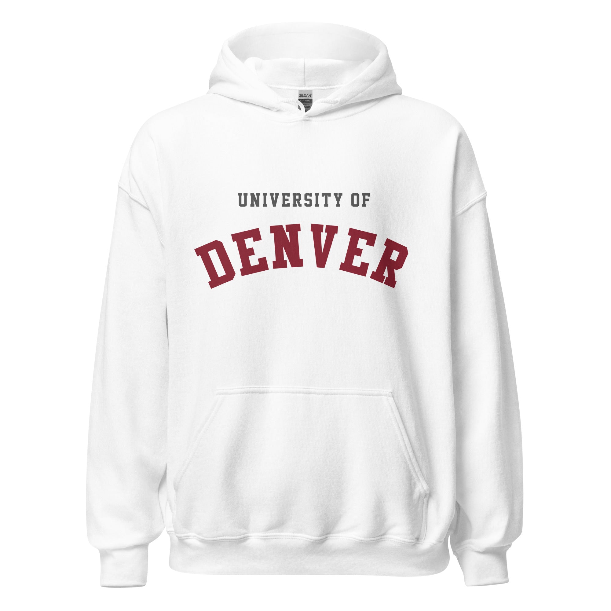 Unisex heather gray hoodie featuring University of Denver logo printed across the front chest