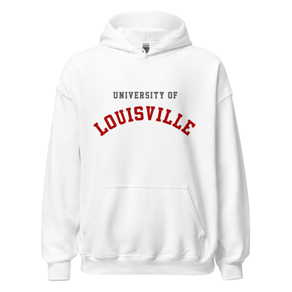 Unisex heather gray hoodie featuring University of Louisville logo printed across the front chest