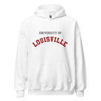 Unisex heather gray hoodie featuring University of Louisville logo printed across the front chest