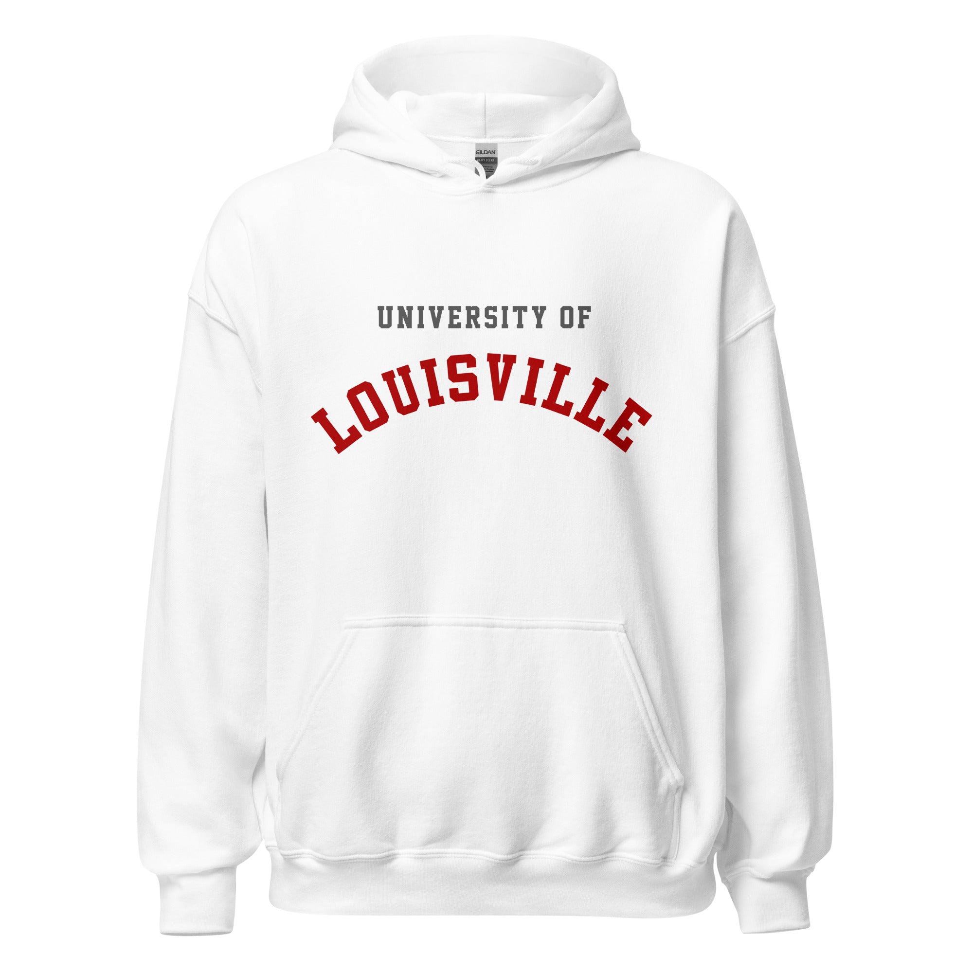Unisex heather gray hoodie featuring University of Louisville logo printed across the front chest