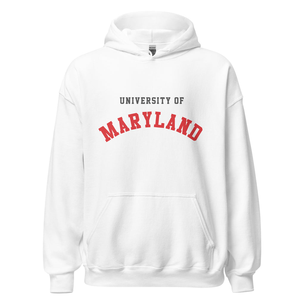 Unisex heather gray hoodie featuring University of Maryland logo printed across the front chest
