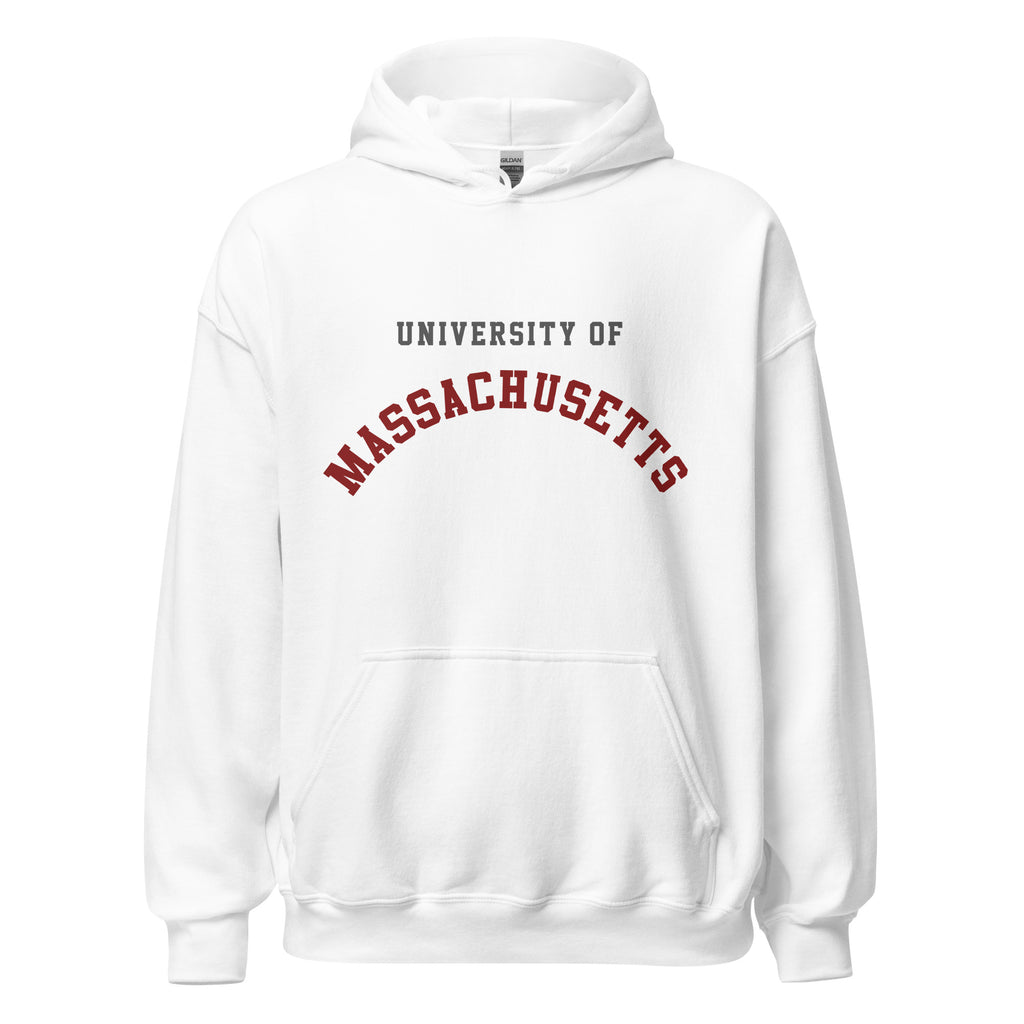 Unisex heather gray hoodie featuring University of Massachusetts logo printed across the front chest