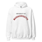 Unisex heather gray hoodie featuring University of Massachusetts logo printed across the front chest