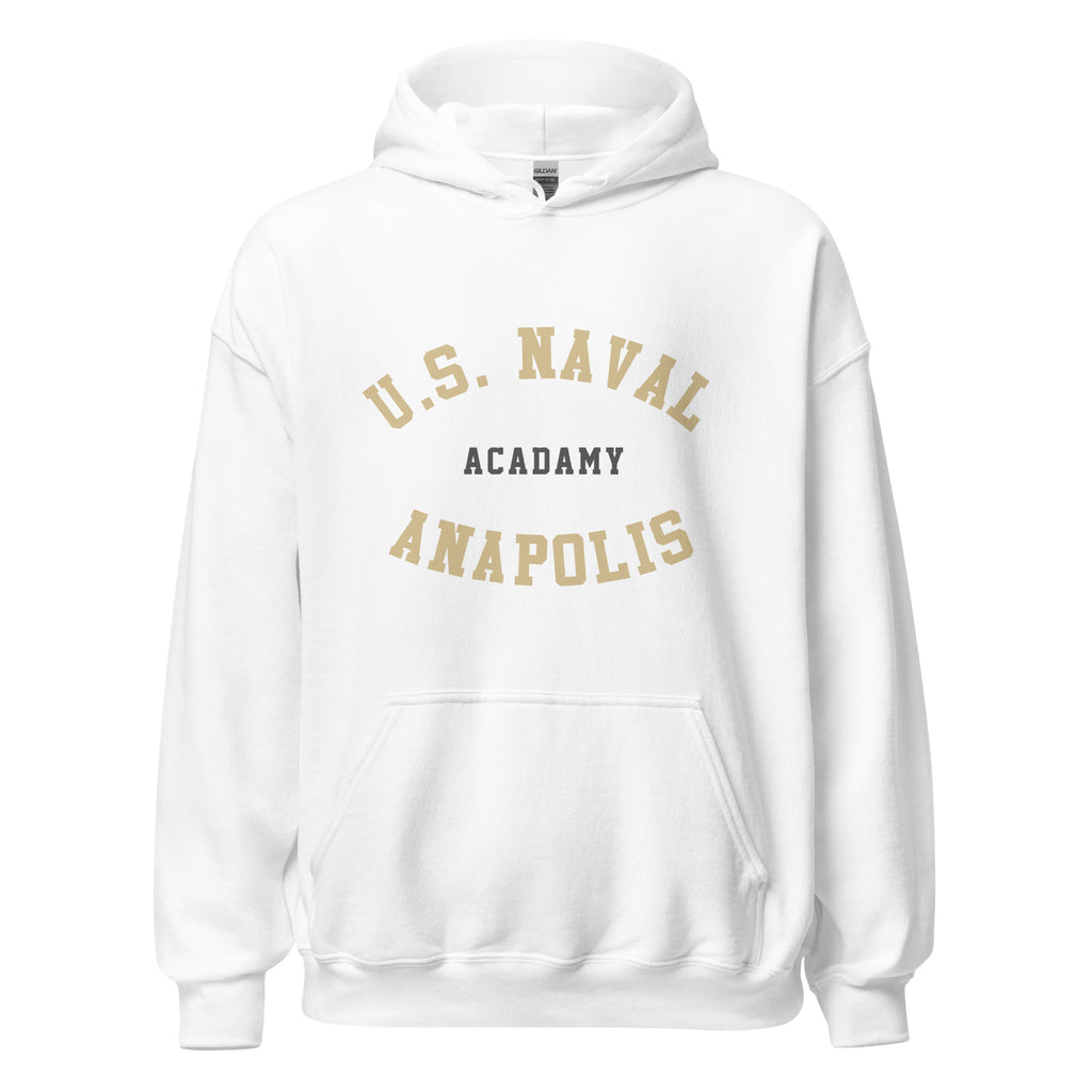 Unisex black hoodie featuring US Naval Academy at Annapolis logo printed across the front chest