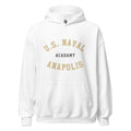Unisex black hoodie featuring US Naval Academy at Annapolis logo printed across the front chest