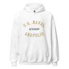 Unisex black hoodie featuring US Naval Academy at Annapolis logo printed across the front chest