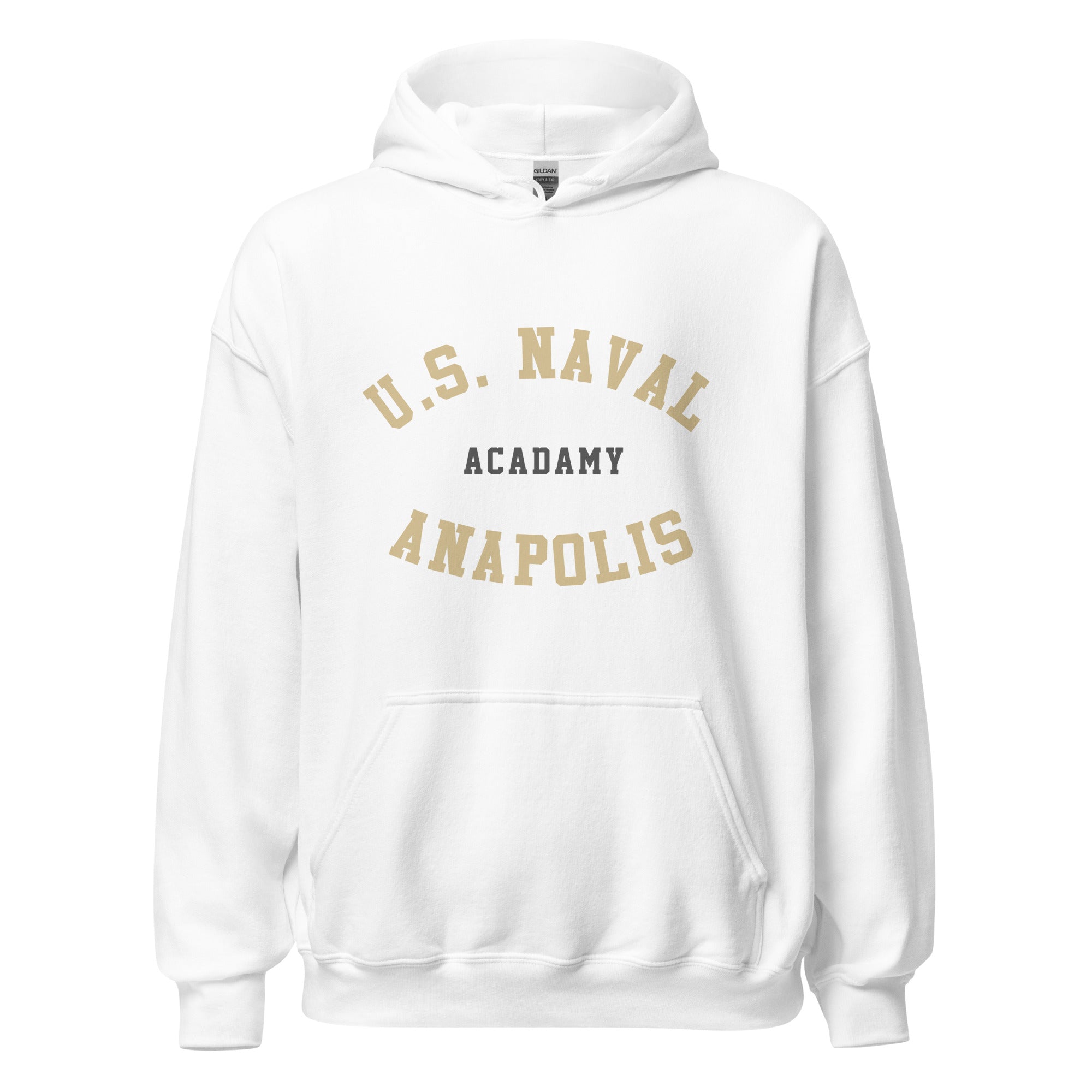 Unisex black hoodie featuring US Naval Academy at Annapolis logo printed across the front chest