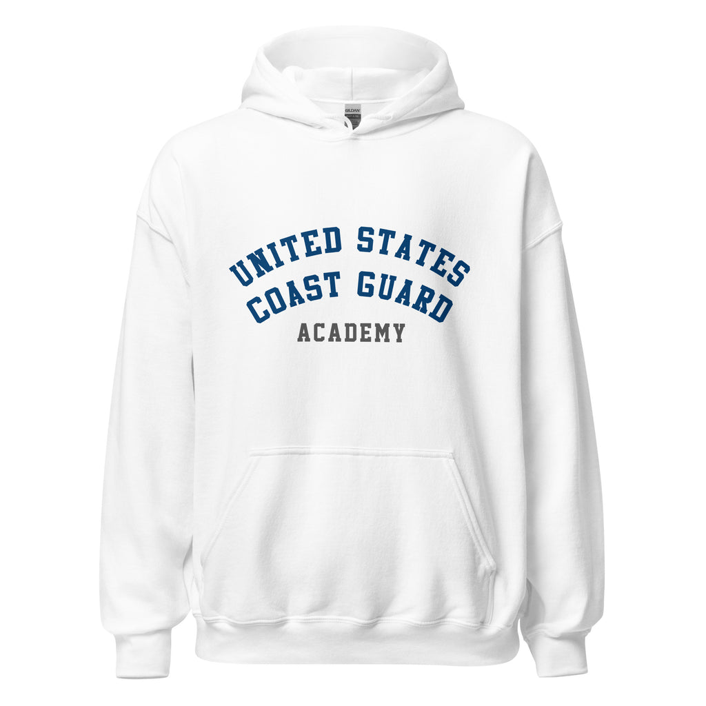 Unisex heather gray hoodie featuring US Coast Guard Academy logo printed across the front chest