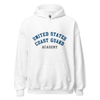 Unisex heather gray hoodie featuring US Coast Guard Academy logo printed across the front chest
