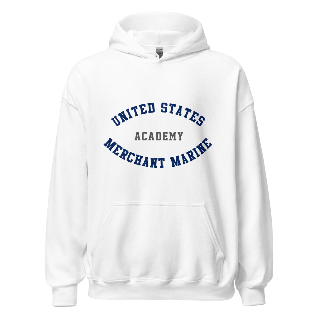 Unisex heather gray hoodie featuring US Merchant Marine Academy logo printed across the front chest