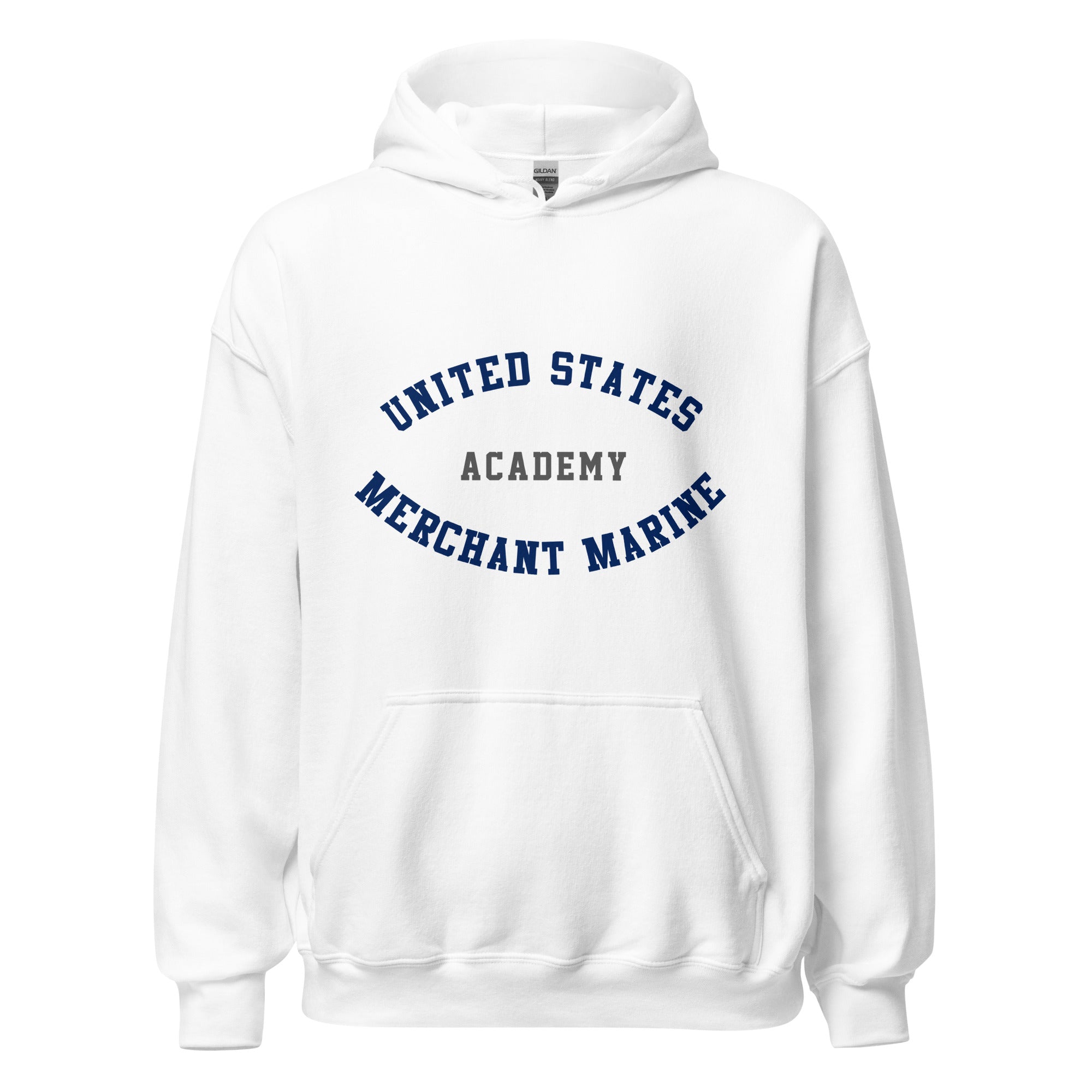 Unisex heather gray hoodie featuring US Merchant Marine Academy logo printed across the front chest