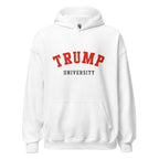 Unisex navy blue hoodie featuring Trump University logo printed across the front chest