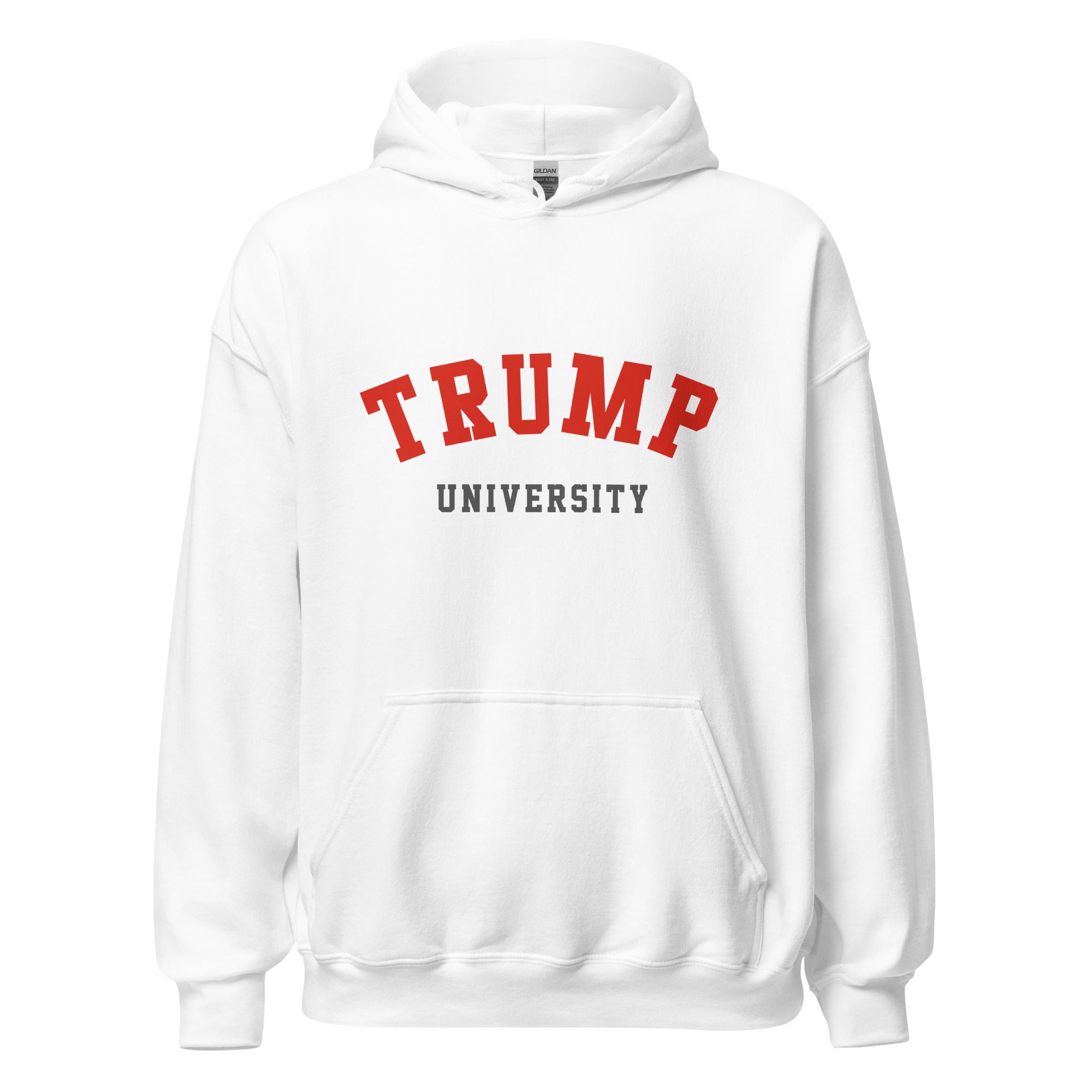 Unisex navy blue hoodie featuring Trump University logo printed across the front chest