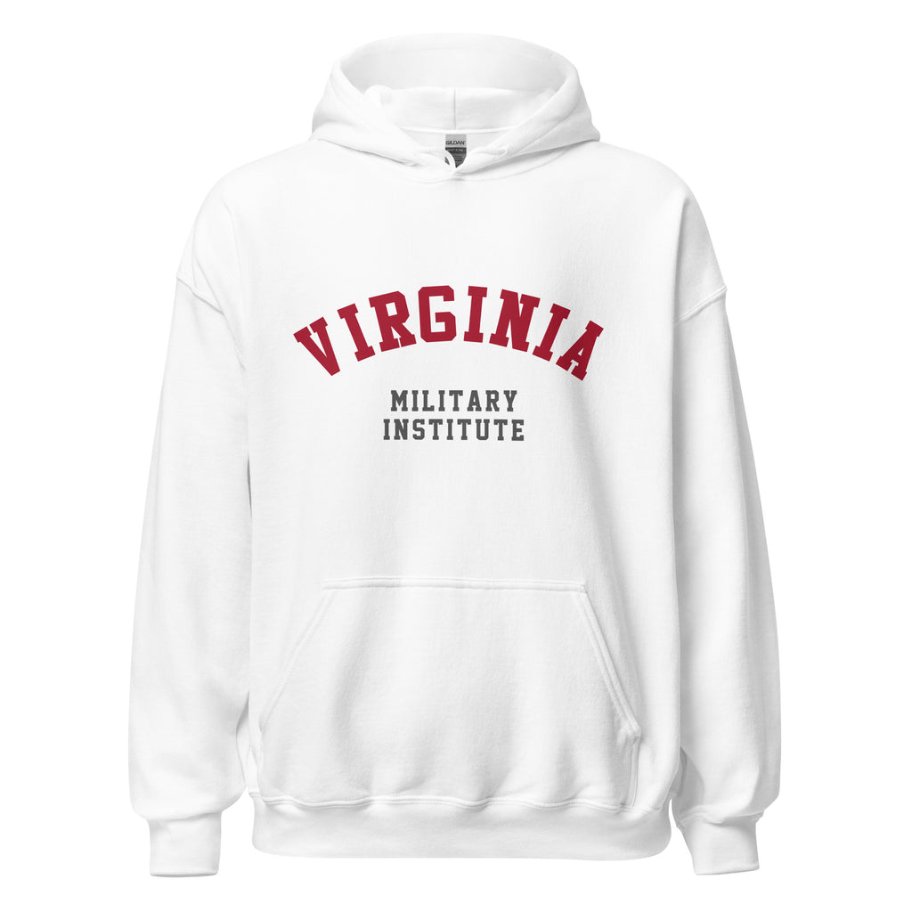 Unisex heather gray hoodie featuring Virginia Military Institute logo printed across the front chest