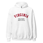 Unisex heather gray hoodie featuring Virginia Military Institute logo printed across the front chest