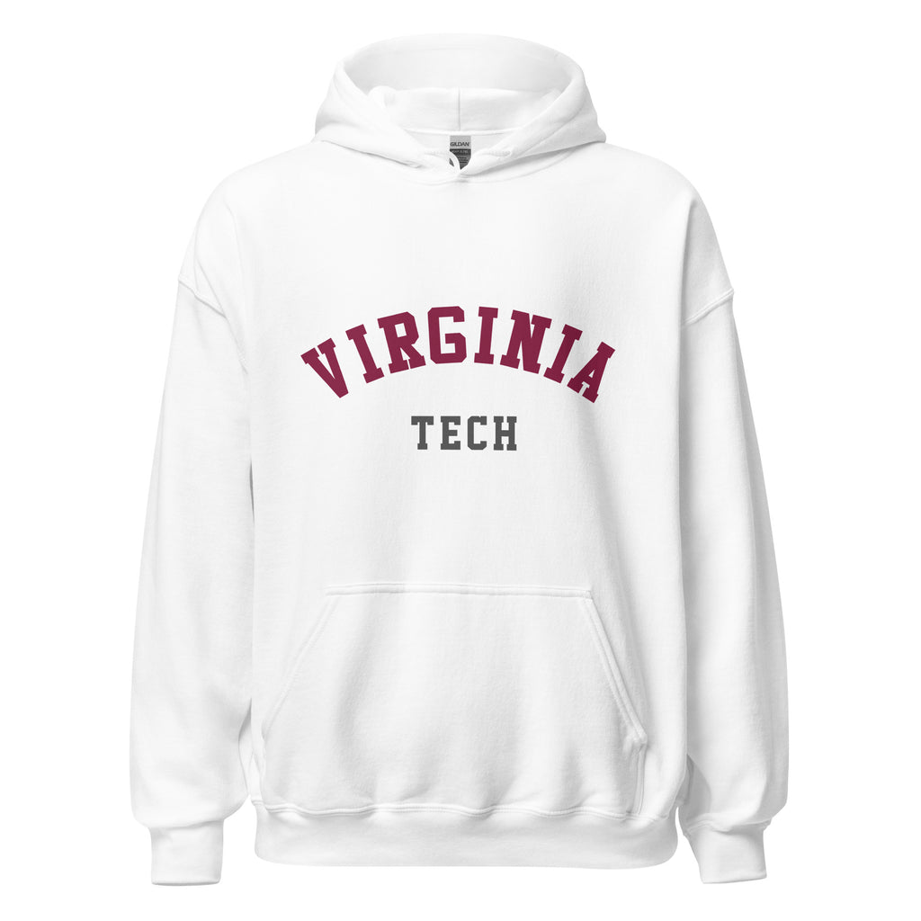 Unisex heather gray hoodie featuring Virginia Tech logo printed across the front chest