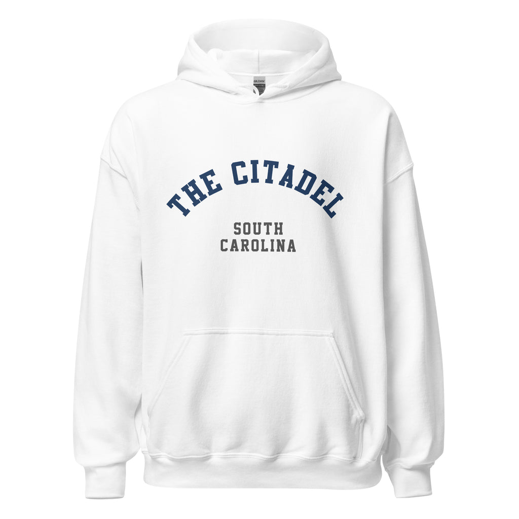 Unisex heather gray hoodie featuring The Citadel logo printed across the front chest