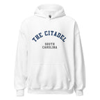 Unisex heather gray hoodie featuring The Citadel logo printed across the front chest