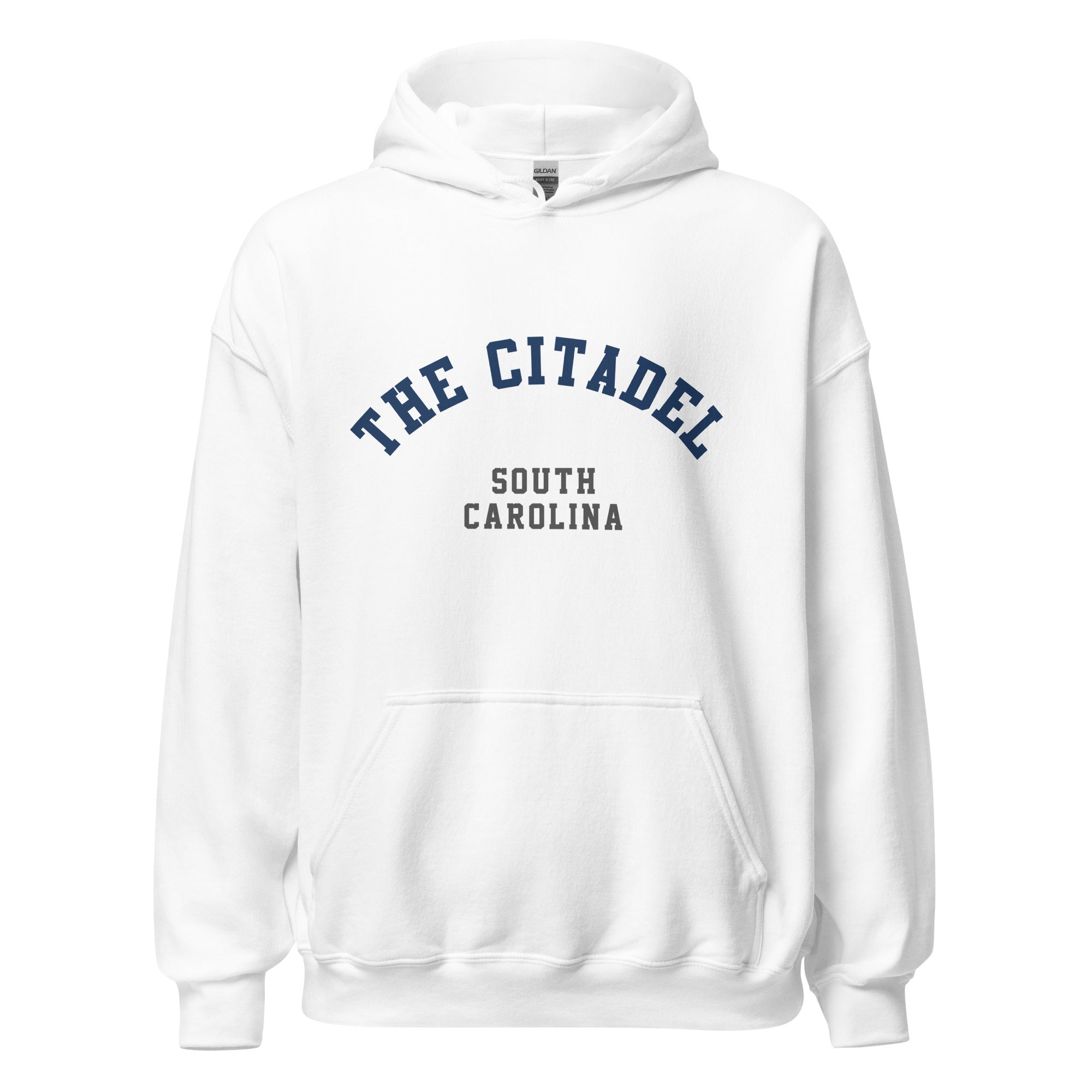 Unisex heather gray hoodie featuring The Citadel logo printed across the front chest