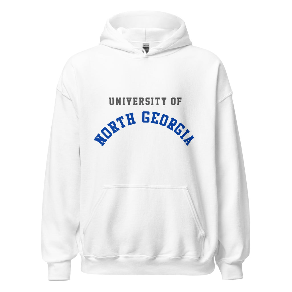 Unisex heather gray hoodie featuring University of North Georgia logo printed across the front chest