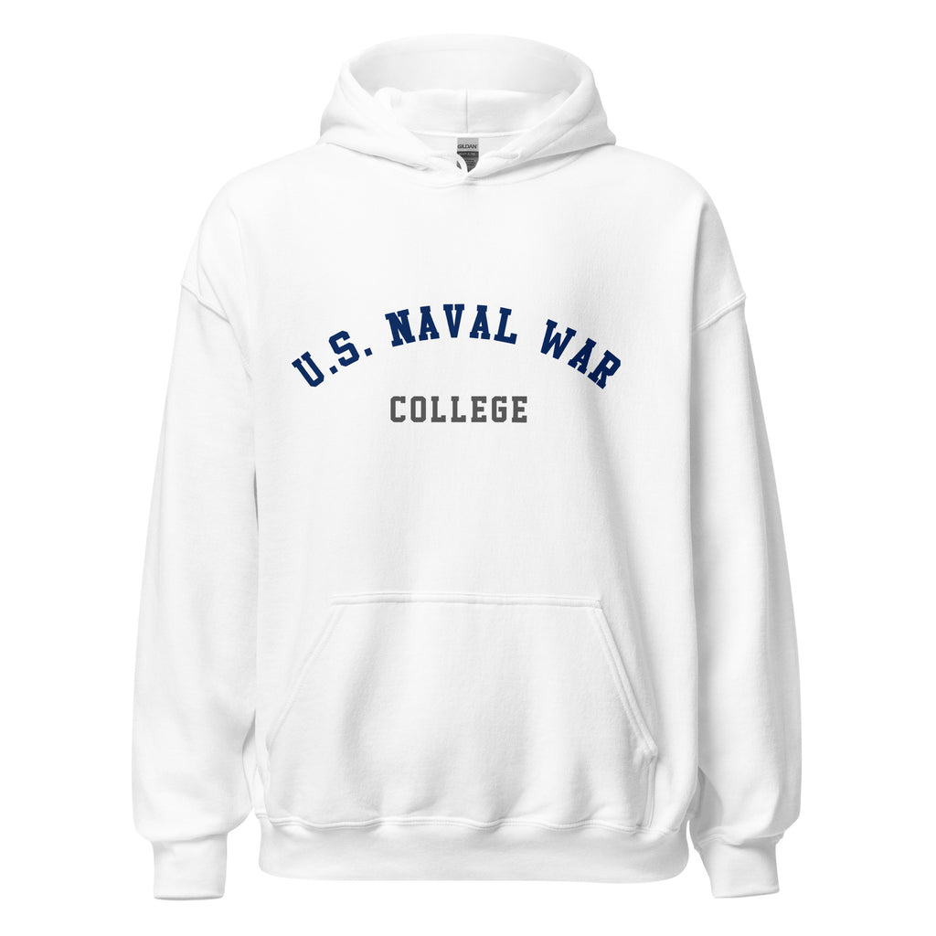 Unisex heather gray hoodie featuring US Naval War College logo printed across the front chest
