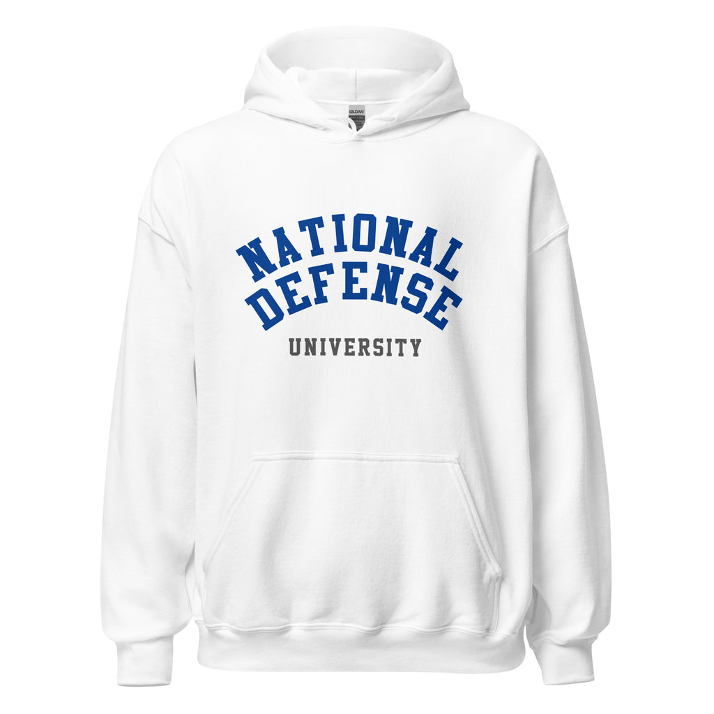 Unisex heather gray hoodie featuring National Defense University logo printed across the front chest